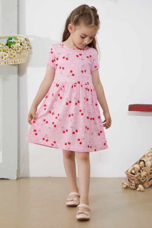 Pembe Kiraz Baskılı Kısa Kollu Kız Çocuk Yazlık Elbise 18784