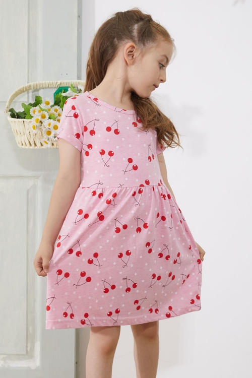 Pembe Kiraz Baskılı Kısa Kollu Kız Çocuk Yazlık Elbise 18784