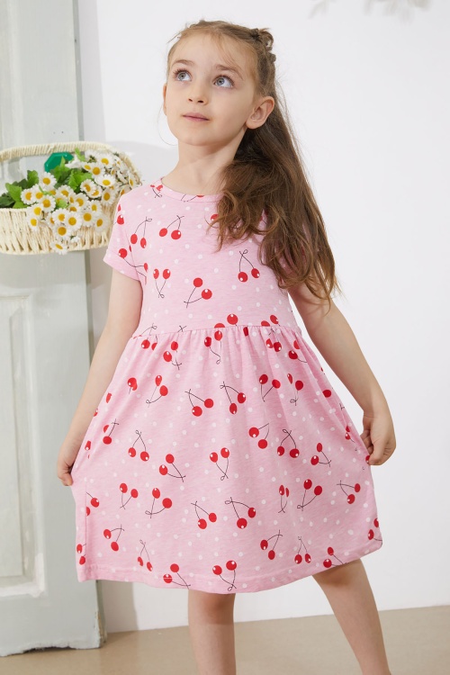 Pembe Kiraz Baskılı Kısa Kollu Kız Çocuk Yazlık Elbise 18784