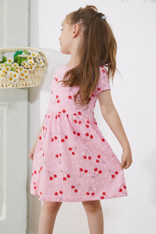 Pembe Kiraz Baskılı Kısa Kollu Kız Çocuk Yazlık Elbise 18784
