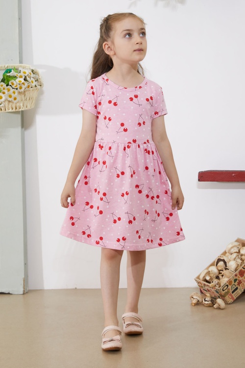 Pembe Kiraz Baskılı Kısa Kollu Kız Çocuk Yazlık Elbise 18784