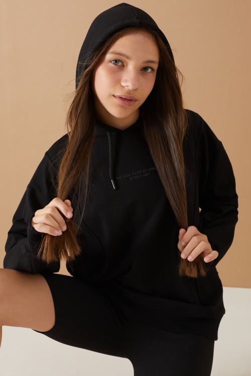 Siyah Kabartmalı Yazılı Kapüşonlu Kız Çocuk Sweatshirt 19303