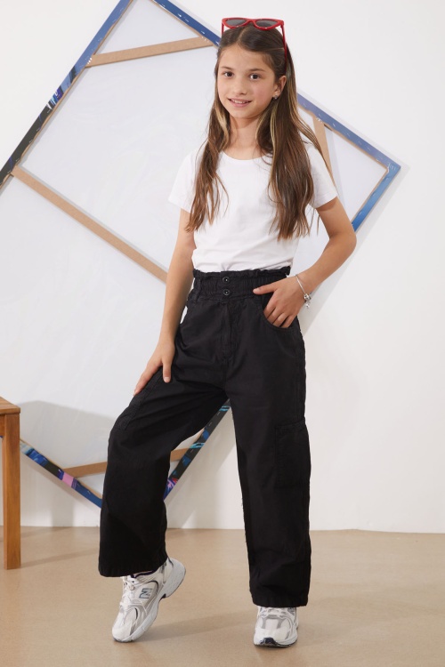 Siyah Yüksek Bel Çift Cepli Kız Paraşüt Pantolon 18927