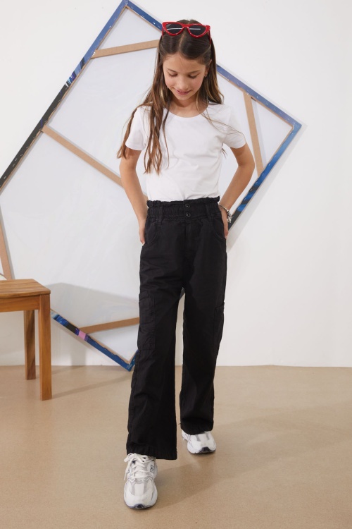 Siyah Yüksek Bel Çift Cepli Kız Paraşüt Pantolon 18927