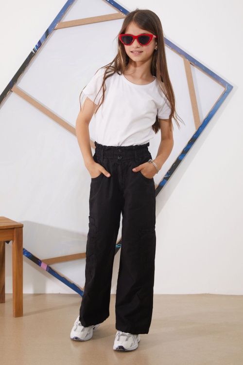 Siyah Yüksek Bel Çift Cepli Kız Paraşüt Pantolon 18927