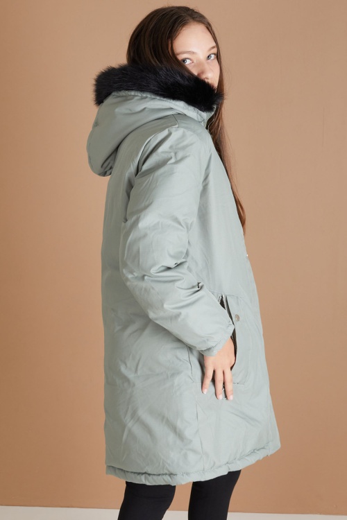 Yeşil Kürklü İçi Astarlı Çıkarılabilir Kapüşonlu Kız Çocuk Mont 19354