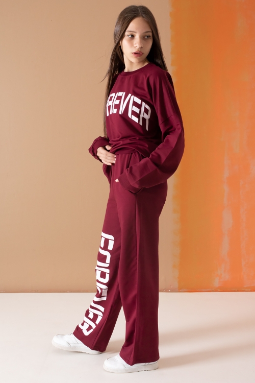 Bordo Forever Yazı Baskılı Kız Çocuk Eşofman Takımı 19575