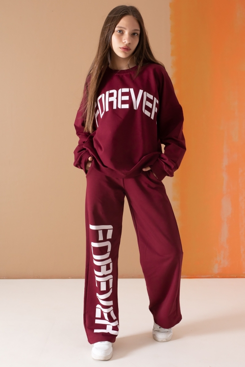 Bordo Forever Yazı Baskılı Kız Çocuk Eşofman Takımı 19575