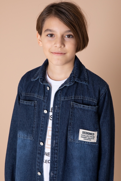 Erkek Çocuk Lacivert Armalı Cepli Bisiklet Yaka Tişörtlü Jean Gömlek 20096