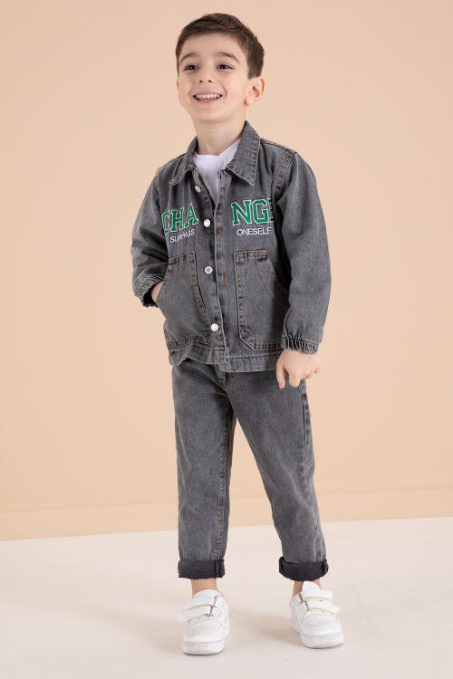 Füme Yazı Nakışlı Ceketli 3lü Erkek Çocuk Jean Takım 20003