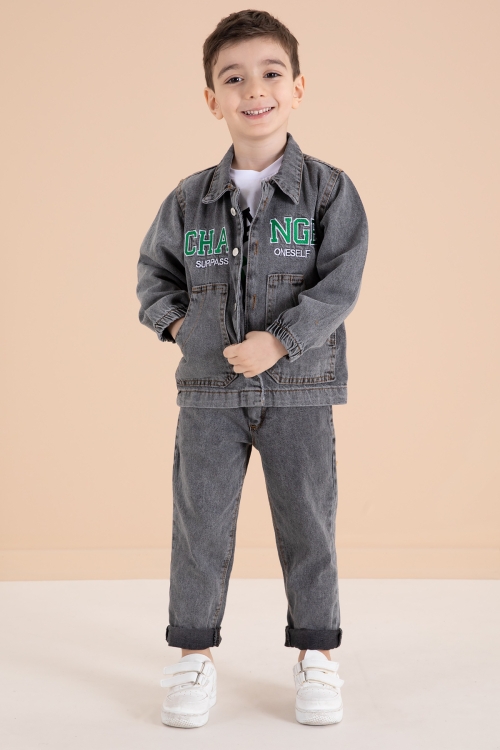 Füme Yazı Nakışlı Ceketli 3lü Erkek Çocuk Jean Takım 20003