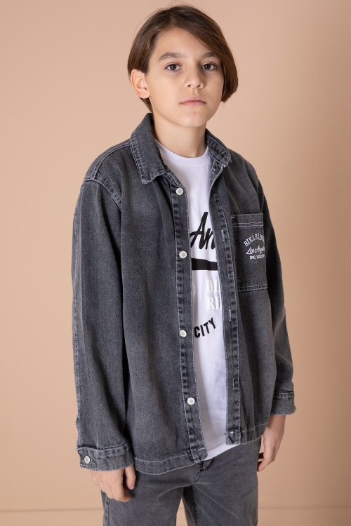 Füme Yazı Nakışlı Jean Gömlekli ve Tişörtlü Erkek Çocuk 2li Takım 20036