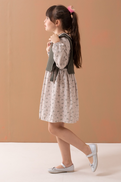 Haki Çiçek Desenli Süveterli Uzun Kol Kız Çocuk Elbise 19547