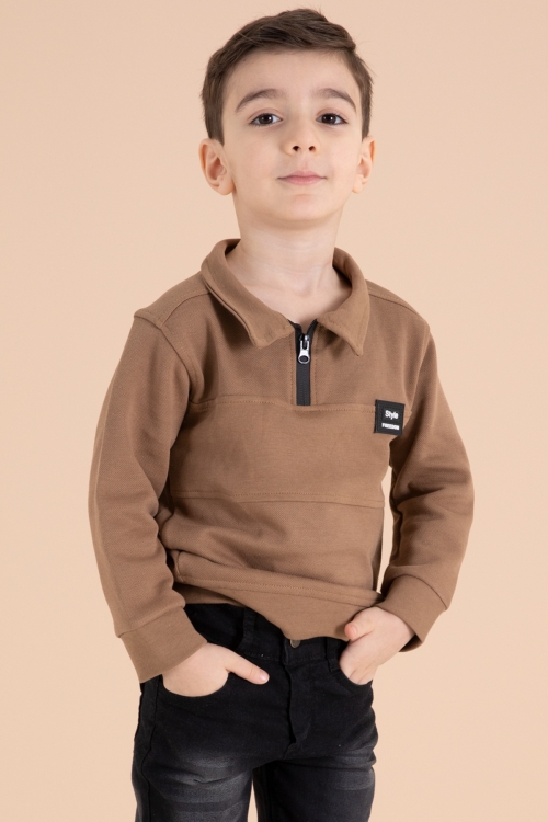 Kahve Fermuar Yakalı Sweatshirt ve Jean Pantolonlu Erkek Çocuk Takım 20108