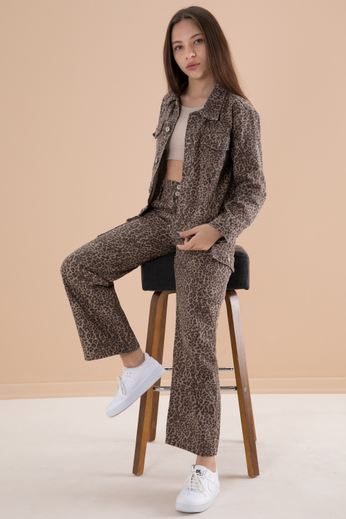 Kız Çocuk Leopar Desenli Düğmeli Ceketli Pantolonlu Jean Takım 20121