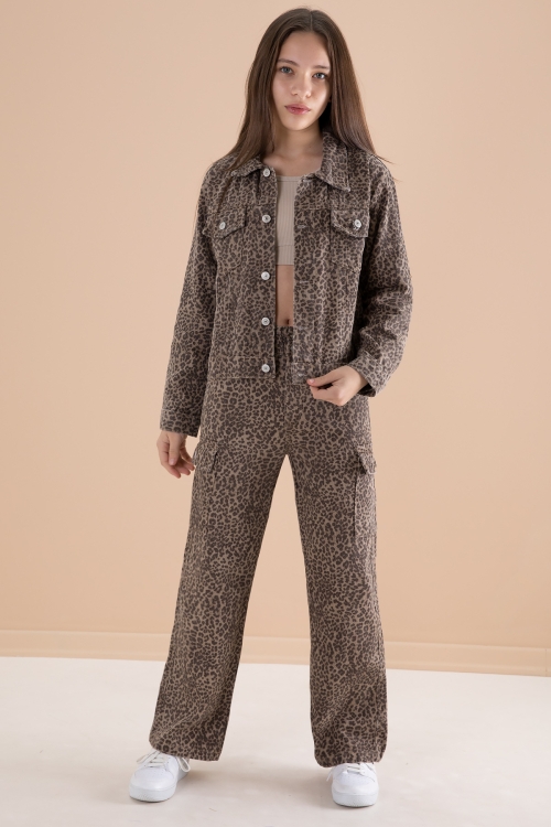 Kız Çocuk Leopar Desenli Düğmeli Ceketli Pantolonlu Jean Takım 20121