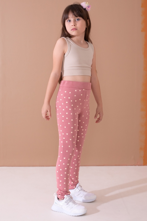 Kız Çocuk Pembe Beli Lastikli Desenli Şardonlu Tayt 19705