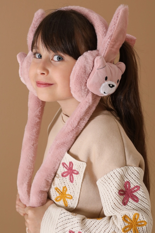 Koyu Pembe Ayıcık Figürlü Hareketli Peluş Kulaklık 19736