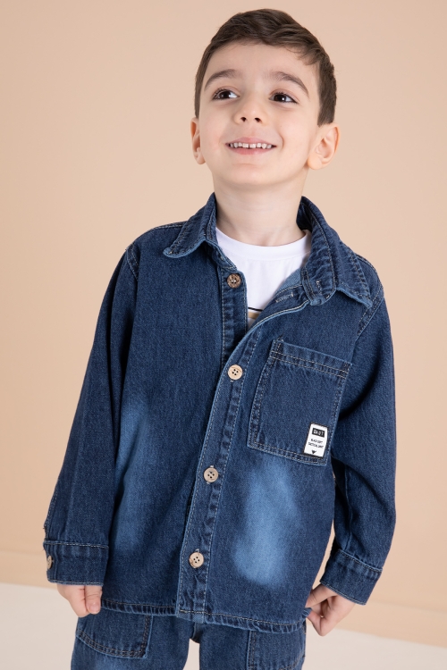 Lacivert Düğmeli Jean Ceketli Pantolonlu Erkek Çocuk 3lü Takım 20012