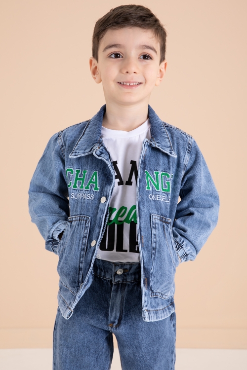 Lacivert Yazı Nakışlı Ceketli 3lü Erkek Çocuk Jean Takım 20001