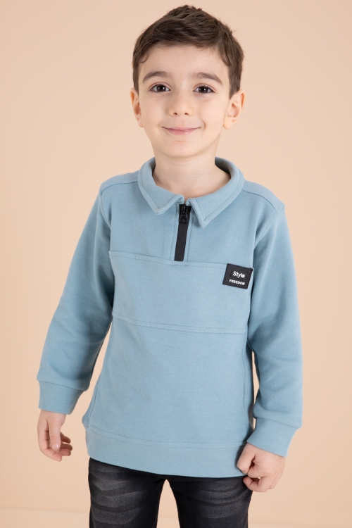 Mavi Fermuar Yakalı Sweatshirt ve Jean Pantolonlu Erkek Çocuk Takım 20111