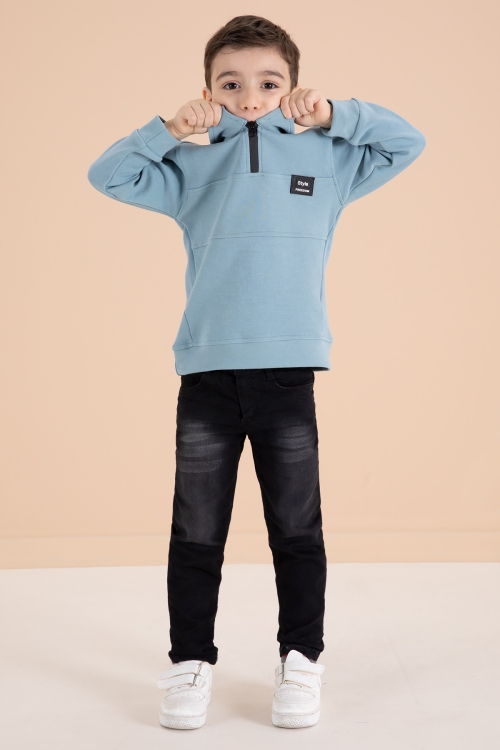 Mavi Fermuar Yakalı Sweatshirt ve Jean Pantolonlu Erkek Çocuk Takım 20111