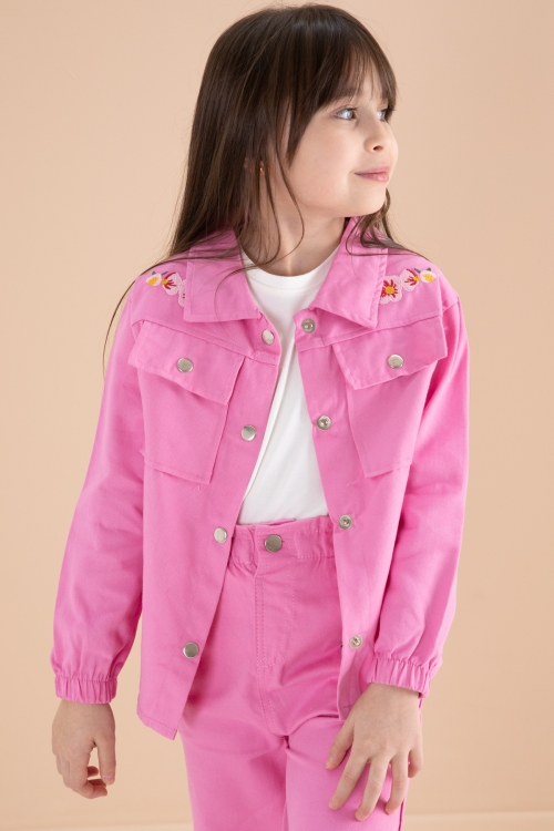 Pembe Nakış Detaylı Gömlekli Pantolonlu Kız Çocuk 3lü Takım 20157