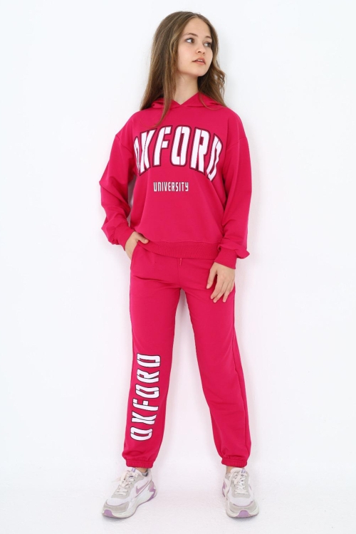 Pembe Oxford Baskılı Kapüşonlu Kız Çocuk Eşofman Takımı 19816