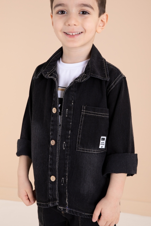 Siyah Düğmeli Jean Ceketli Pantolonlu Erkek Çocuk 3lü Takım 20009