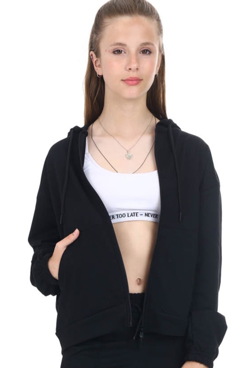 Siyah Kapşonlu Hırkalı Kız Eşofman Takımı 16526