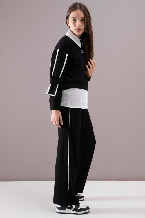 Siyah Kol Detaylı Badili Gömlekli Kız Çocuk Pantolonlu 3lü Takım 19877