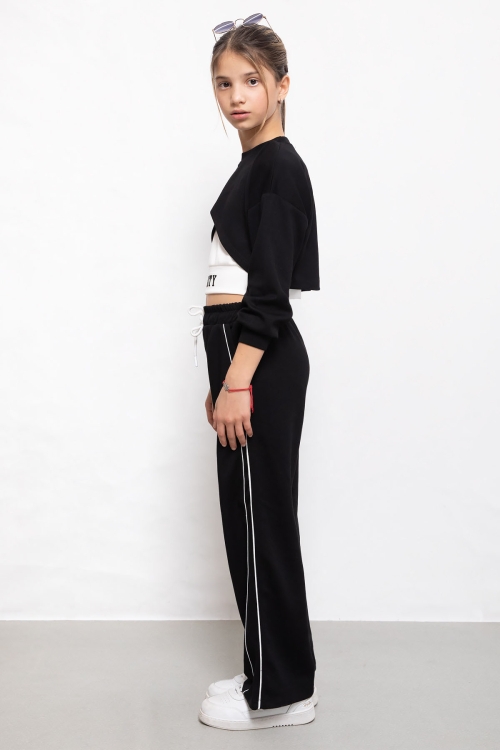 Siyah Şerit Detaylı Geniş Paça Croplu Kız Çocuk 3lü Takım 19840