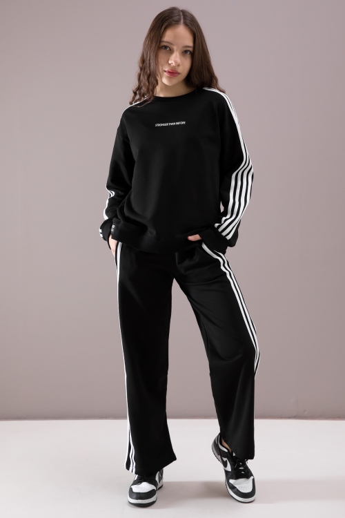 Siyah Yanları Şeritli Geniş Paça Kız Eşofman Takımı 19872
