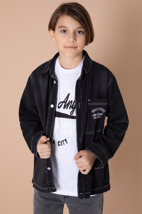Siyah Yazı Nakışlı Jean Gömlekli Tişörtlü ve Erkek Çocuk 2li Takım 20035