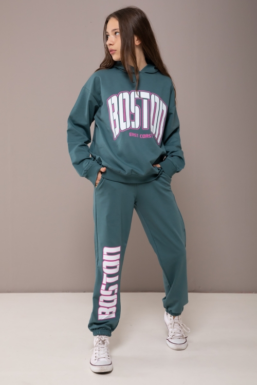 Yeşil Boston Yazılı Kapüşonlu Kız Çocuk Eşofman Takımı 19827