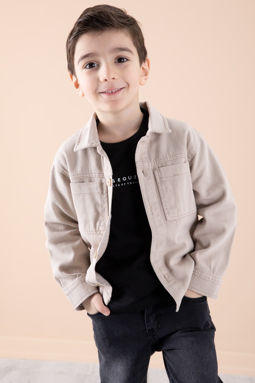 Bej Jean Ceket Yazı Baskılı Erkek Çocuk Pantolonlu 3lü Takım 20312