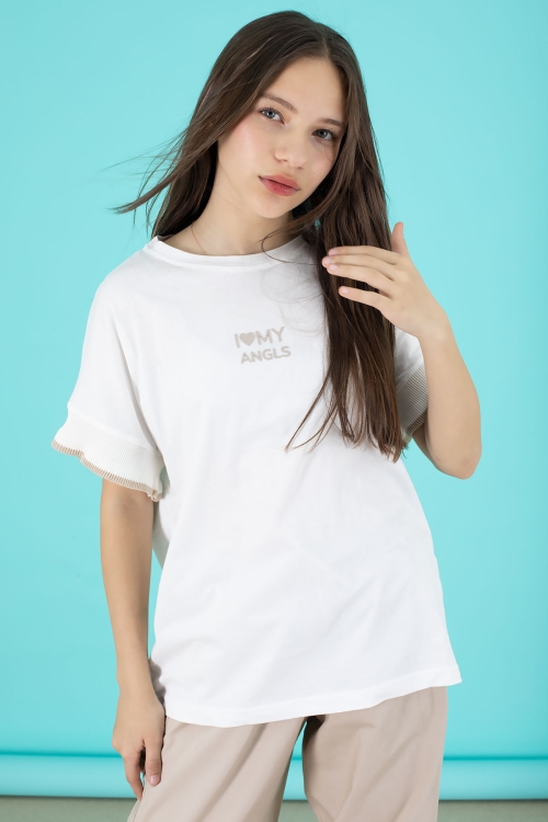 Bej Yazılı Oversize Tişörtlü Paraşüt Pantolonlu Kız Çocuk Takım 20297