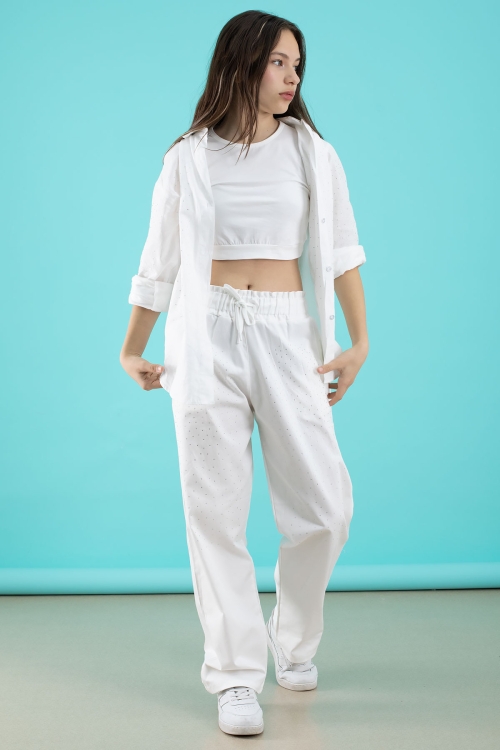 Beyaz Kız Çocuk Taş Detaylı Croplu 3lü Takım 20386