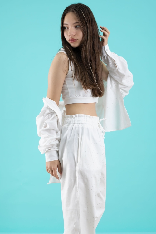 Beyaz Kız Çocuk Taş Detaylı Croplu 3lü Takım 20386