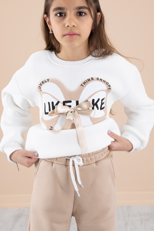 Ekru Fiyonklu Şardonlu Kız Çocuk Eşofman Takımı 20249