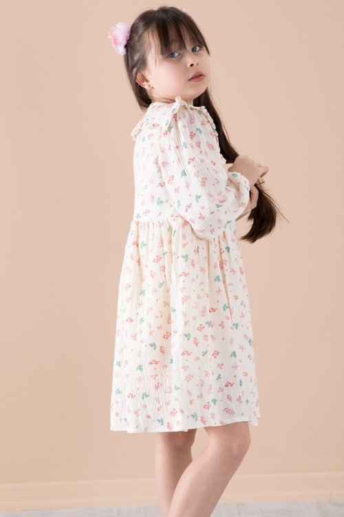 Ekru Yaprak Desenli Düğmeli Müslin Kız Çocuk Elbise 20309