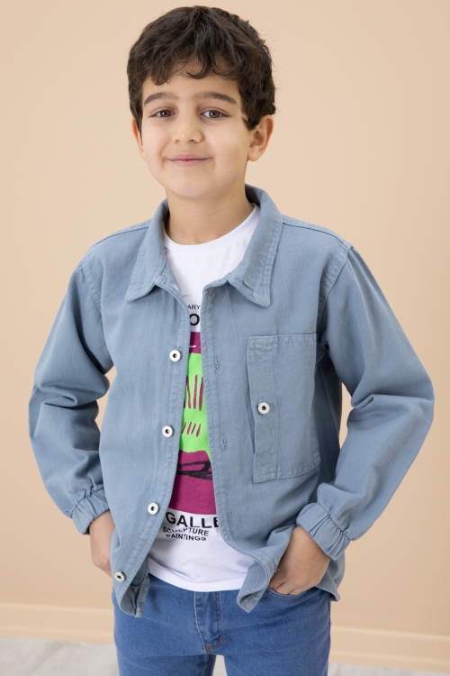 Erkek Çocuk Mavi Baskılı Tişörtlü Jean Gömlekli 2li Takım 20031