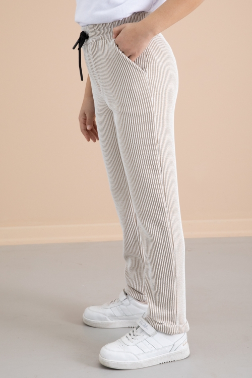 Fitilli Kahverengi Çizgili Erkek Çocuk Beli Lastikli Pantolon 20377