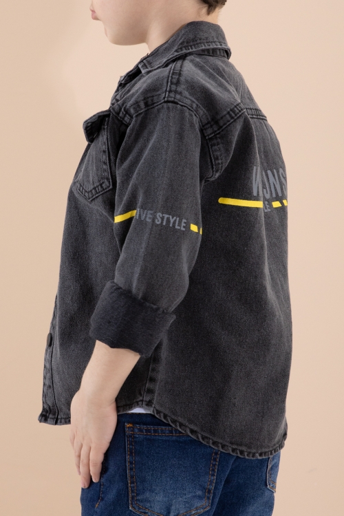 Füme Bisiklet Yaka Tişörtlü Sırtı Baskılı Erkek Çocuk Jean Gömlek 20087