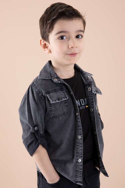 Füme Sırtı Baskılı Jean Gömlekli Tişörtlü Erkek Çocuk 2li Takım 20271