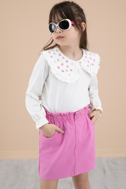 Fuşya Yakası Kalp Nakışlı Badili Jean Etekli Kız Çocuk Takım 20333