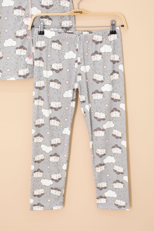 Gri Kuzu Desenli Kısa Kollu Kız Çocuk Göz Bantlı Pijama Takımı 20594