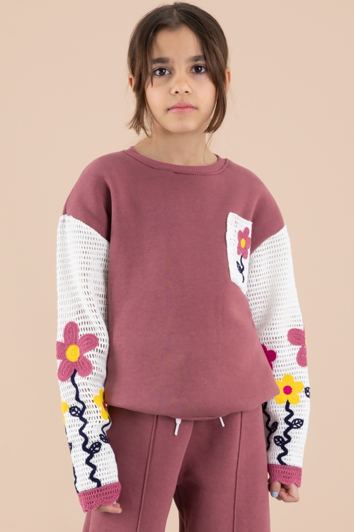 Gül Kurusu Çiçek Nakışlı Örgülü Kol Kız Çocuk Şardonlu Eşofman Takımı 20253