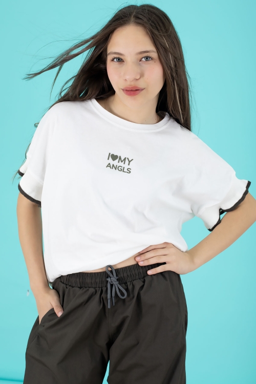 Haki Yazılı Oversize Tişörtlü Paraşüt Pantolonlu Kız Çocuk Takım 20296