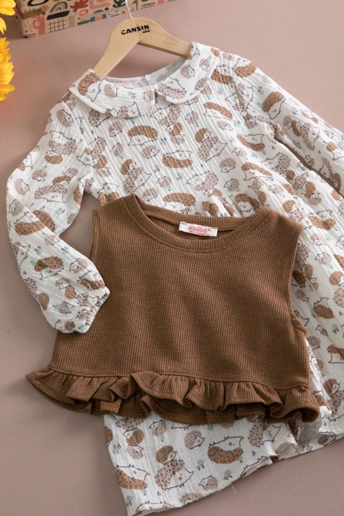 Kahve Kirpi Desenli Süveterli Kız Çocuk Elbise 20221